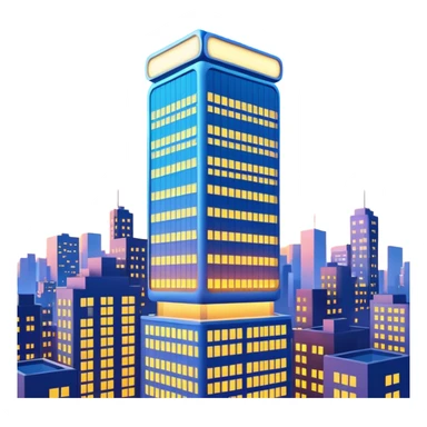 A 3D cartoon city billboard mounted on a tall building, glowing lights at dusk, realistic reflections, Memoji-style. sticker