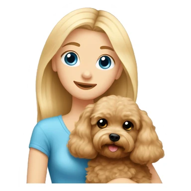 Blonde girl with long straight hair and blue eyes is hugging a small brown maltipoo sticker