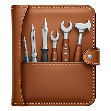 Leatherworking icon, piece of raw leather being crafted into a leather wallet or belt, professional tools like leather stitching awl, edge beveler, hammer, prying tool, minimalistic style, clean lines, transparent background. sticker