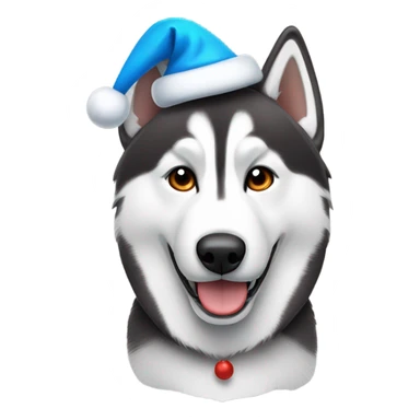 Husky wearing Santa hat with one brown and one blue eye sticker