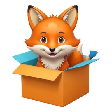 cheerful fox sitting in a colorful box, looking up playfully, emoji style sticker