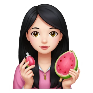 A girl with long black hair holding a piece of guava hard candy sticker