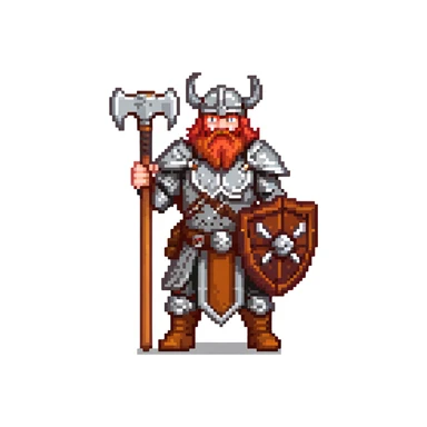 ginger viking warrior with red beard, horned helmet and metal armor, battle axe sticker
