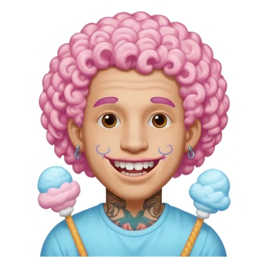 very cheerful colorful puffy curly haired man made out of cotton candy wearing teeth-braces and tattoos and face tattoos just face  sticker