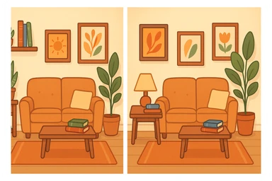 A friendly, clear, and visually engaging general-style illustration of a cozy room interior featuring a sofa, table, lamp, books, plants, and wall art. The scene is designed for a 'find the three differences' quiz, with distinct and interesting details to spot differences. sticker