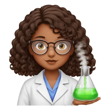 bratz doll with long loose curly dark brown hair, glasses that are round cat eye vibes, in a lab coat mixing beakers that glow shes a 4th grade girl sticker