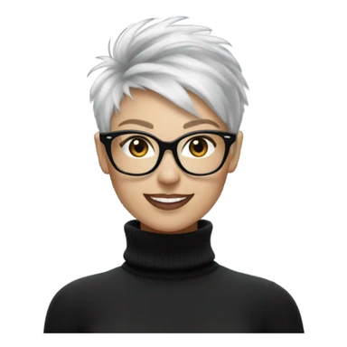 Smiling White woman with short very messed punk silver pixie white hair xmas  big black glasses rayban and black high polo neck sweater sticker