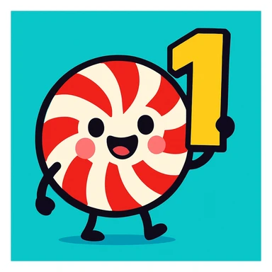 adorable peppermint with a smiling face holding a number one, vibrant toon style sticker