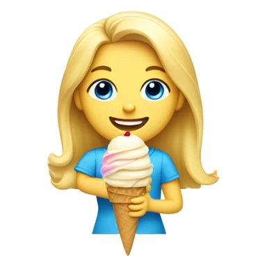 Girl with mid length blonde hair, blue eyes, yellow shirt, holding vanilla ice cream cone sticker
