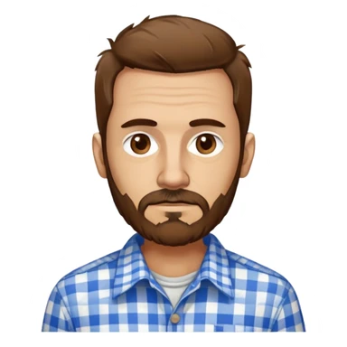 Skinny Puerto Rican man in his mid-50s with light skin. Thin face with defined features. Messy, disheveled brown hair. Untidy brown beard. Wearing a blue and white checkered button-up shirt that looks loose on his slim frame. sticker