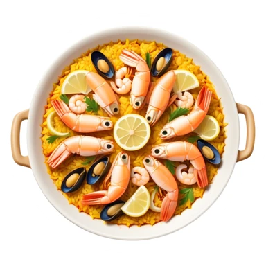 cinematic-realistic-paella-dish-emoji,-depicted-as-a-vibrant,-aromatic-rice-dish-loaded-with-seafood,-chicken,-and-saffron-rendered-with-rich-textures-and-dynamic,-warm-lighting with a lemon slice in the middle sticker