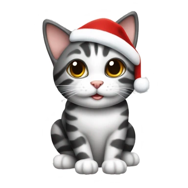 Black, grey, and white tabby cat wearing a Santa hat sticker