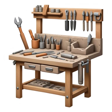 Cinematic Realistic image of a workbench set with a lump of pliable clay and artisanal sculpting tools, rendered with finely detailed textures that reveal subtle clay particles and well-worn tool surfaces, bathed in warm, focused studio lighting sticker