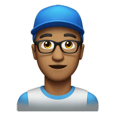 A man wearing a blue cap with 'P' on it and black glasses sticker