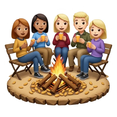 Born fire and people sitting beside born fire on chairs eating peanuts. Born fire is in the centre sticker