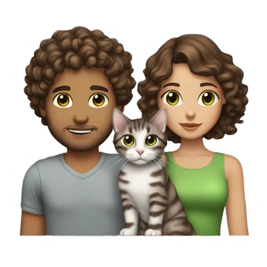 a brunette with curly hair and brown eyes and her boyfriend with fluffy brown hair and brown eyes holding a grey tabby cat with green eyes sticker