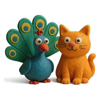 silly peacock with a cat in claymation style sticker
