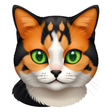 American shorthair calico cat with green eyes and black fur on the right side of their face and orange on the left side sitting down sticker