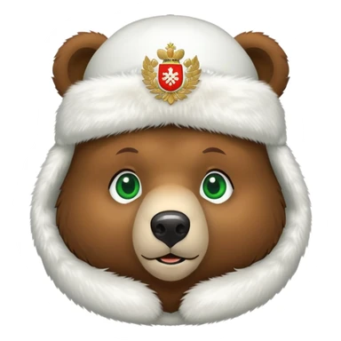 Cute brown bear head with green eyes, wearing white fur ushanka hat with prominent Russian Federation coat of arms on front, iOS emoji style sticker