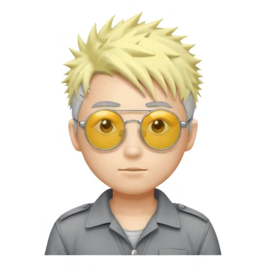 A japanese guy with white messy spiky hair circle sunglasses wearing a uniform gray and a yellow button on the top right of the uniform gray pants sticker