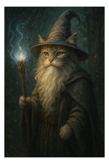 cat in the style of Gandalf, wearing a wizard hat and holding a staff, magical fantasy style sticker