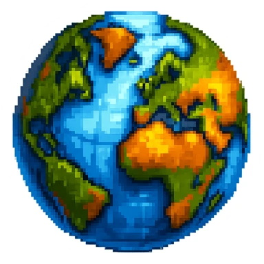 Add more 3D depth and shading to this pixel art globe icon, enhance highlights and shadows, keep background transparent, maintain pixel art style with enhanced 3D effect and lighting. sticker