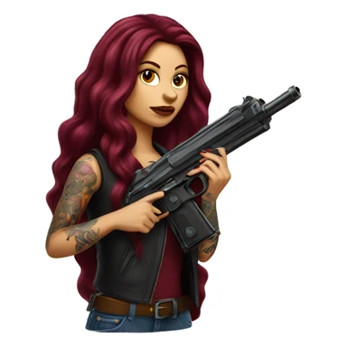Beautiful tattooed burgundy long haired woman with a gun sticker