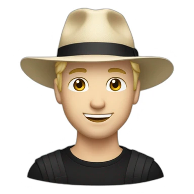 Smirking white man with short blond hair wearing a black Panama hat, and a black adidas long sleeve sweater sticker