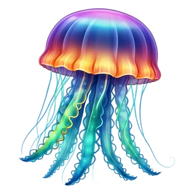 A jellyfish in multicolored hues drifts through the sea, glowing like a living rainbow sticker