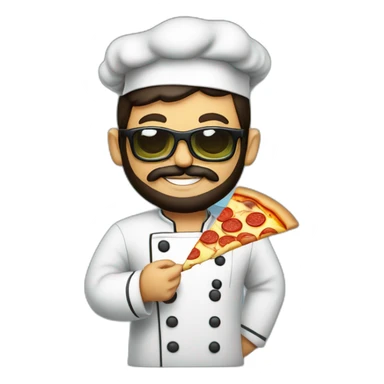 Dark haired chef with beard and big dark glasses holding a slice of pizza sticker