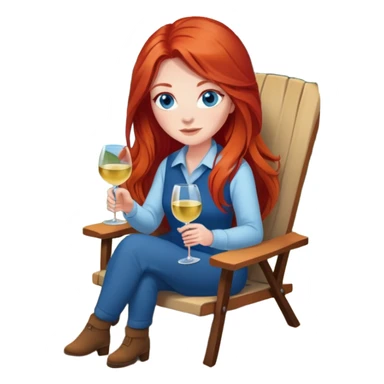 Laughing woman with long red hair and blue eyes holding white wine sitting in chair beside campfire sticker