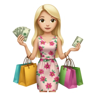 rich long straight hair blonde australian millionare woman holding a lot of money and shopping bags in both hands wearing cute floral dress sticker