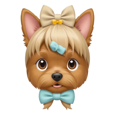a Yorkshire Terrier face with a ponytail on head tied with a soft beige bow. Cute expression, flat design, pastel colors sticker