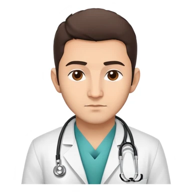 A detailed emoji-style illustration of Habib Nurmagomedov wearing a doctor's white coat, stethoscope around his neck, with a confident and serious expression, in a minimalist and clean design, suitable for messaging apps. sticker