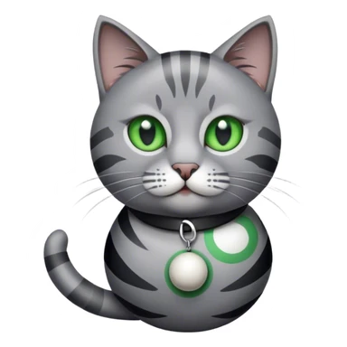 A grey cat with black stripes green eyes and a caller that says Ziggy and the cat is playing with a ball sticker