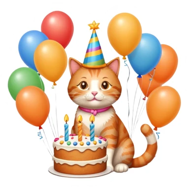 Ginger cat celebrates birthday, birthday hat, birthday cake, balloons, happy sticker