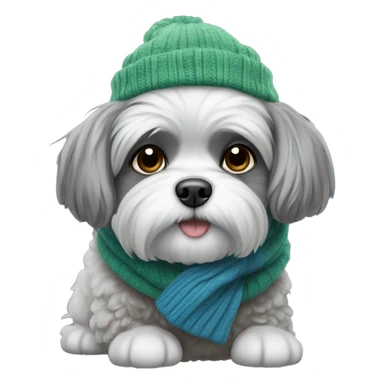 Shitzu dog grey with a blue and green sweater, a scarf and a winter hat sticker