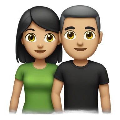 A couple hugging, girl has long straight back hair green eyes nice eyebrows medium tan black tshirt, guy has a buzz cut brown hair green eyes medium tan a gray tshirt  sticker