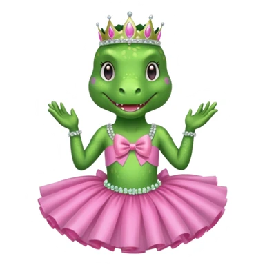 Trex wearing a tutu, tiara, and a pink glittery bow sticker