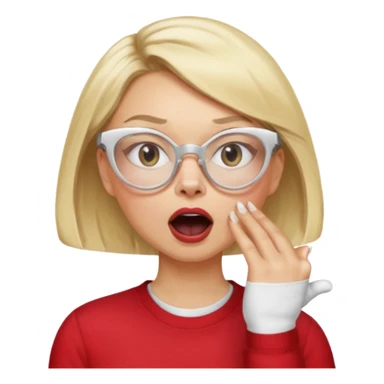 emoji style, side view woman with light skin, blonde bob hair, white cat-eye glasses, red shirt, hand cupped tightly around her mouth, hand close to nose and lips, shouting loudly, energetic expression, simple background sticker