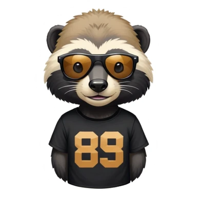 friendly anthropomorphised honey badger, close crop showing head, neck, and top of t-shirt with a graphic print, wearing sunglasses sticker