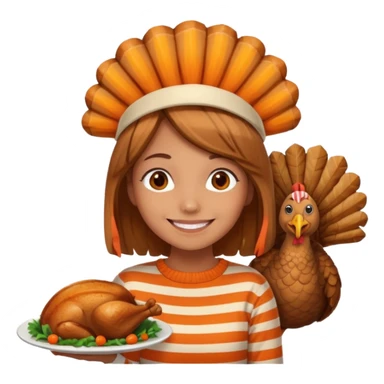 happy tan girl with an orange striped sweater and a cooked browned turkey on her head  sticker