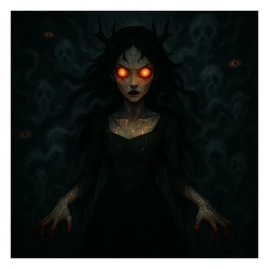 Make the beautiful scary girl even scarier with extreme supernatural horror features, more disturbing and haunting, while keeping her gothic beauty. Enhance the supernatural and horror elements to create a deeply unsettling and haunting atmosphere. sticker