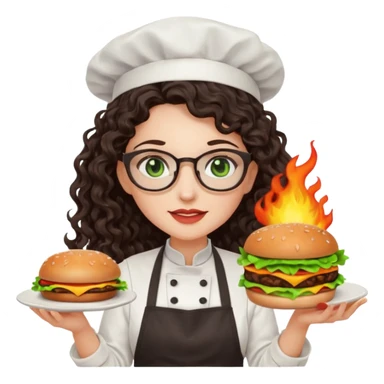 A female chef with glasses, dark brown long curly hair, White skin,Green eyes and setimg a burger on fire sticker