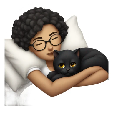 Pale white young woman with short dark curly hair with glasses cuddling, sleeping in bed with her black cat sticker