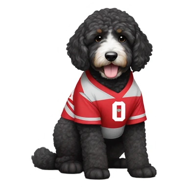 Bernedoodle with Ohio state jersey on sticker