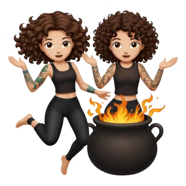 cauldron burst — long wavy brown hair tattooed woman and short tight curly brown hair woman — jumping back sticker