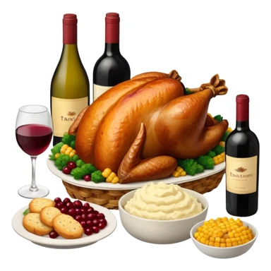 Thanksgiving Dinner with friends of all different races; have the food be a cooked turkey, mashed potatoes, corn, a basket of biscuits, a small bowl of cranberry sauce, baked yams, steamed vegetables, and a bottle of wine. sticker
