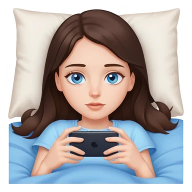 White girl brunett blue eyes, laying on flat In bed using her phone sticker