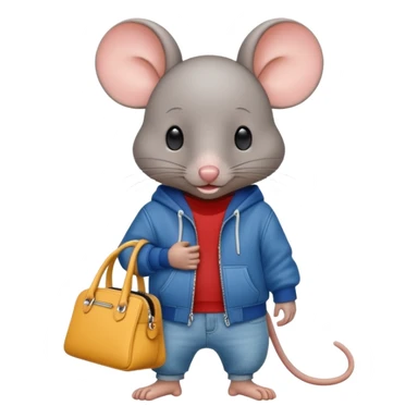 A fashionable mouse in wide jeans and a zip hoodie with a Balenciaga bag sticker